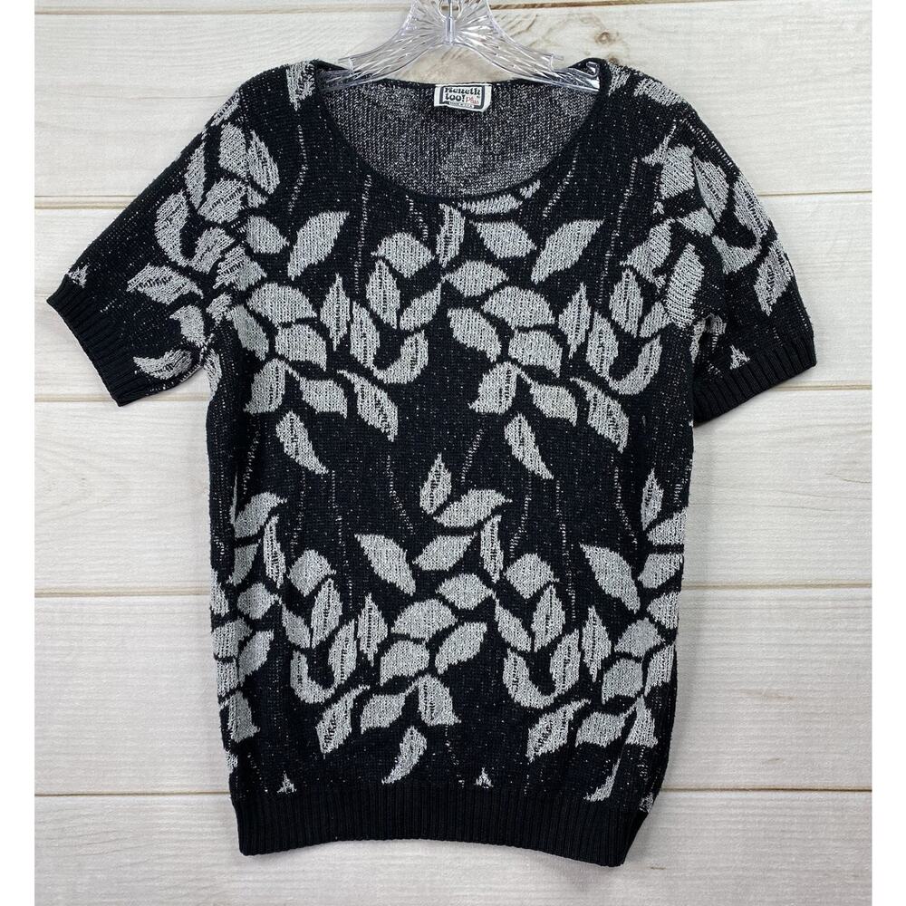Vintage 80's Kenneth Too! Plus Sweater XL 1X Black Leaft Print Short Sleeve USA